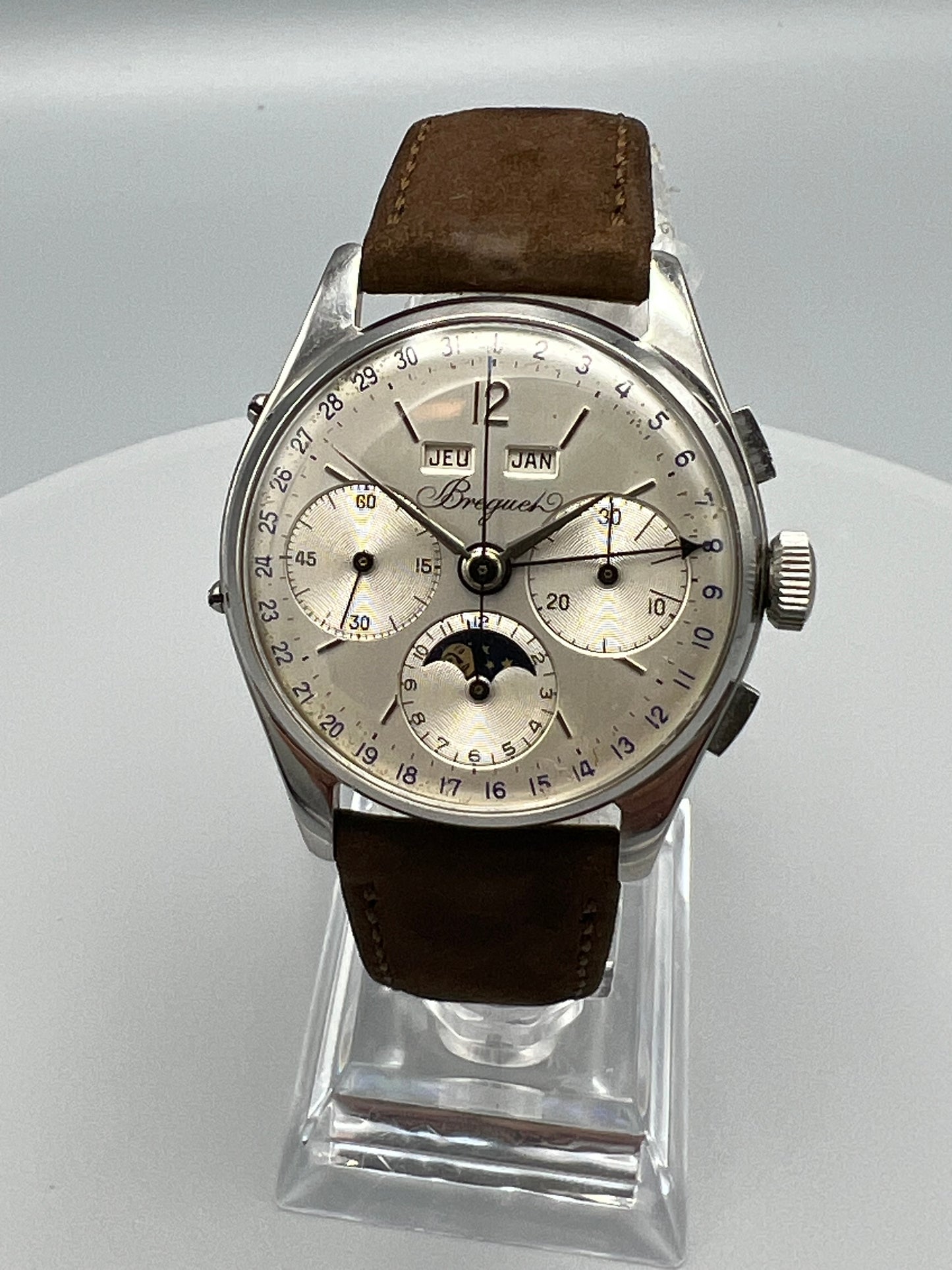 Breguet, Chrono Date, Exceedingly Rare Stainless Steel Triple Calendar Chronograph Moon Phase, circa 1967