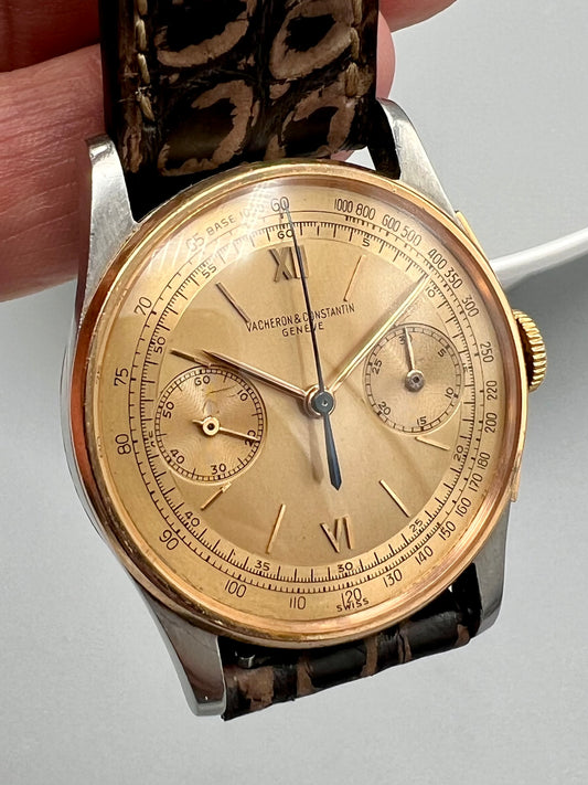 Vacheron Constantin Extremely Rare Stainless Steel and Rose Gold Chronograph with Champagne Dial circa 1945