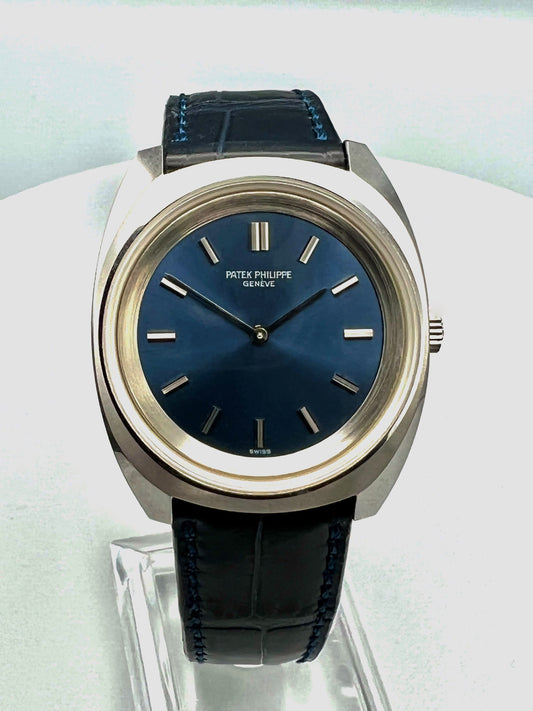 Patek Philippe Ref 3579-1A, stainless steel cushion shaped, starburst blue dial, 1974 Mint