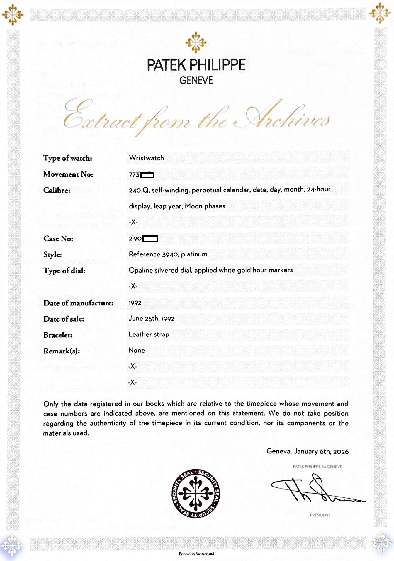 Patek Philippe Ref 3940 P, Early Platinum Model, 1992