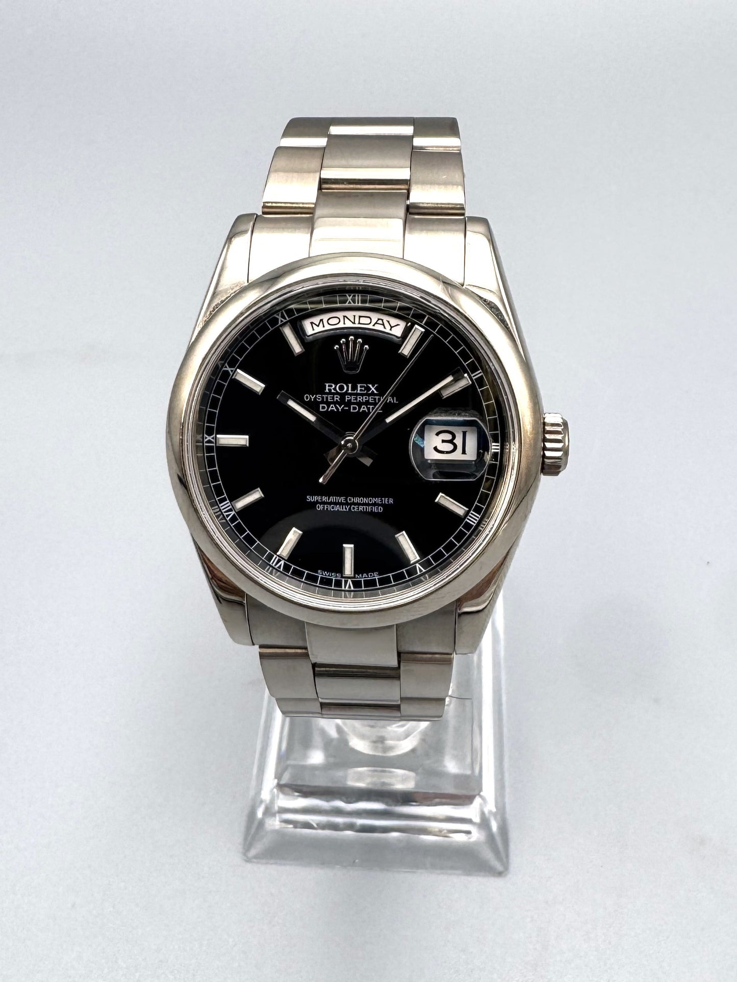 Rolex Day-Date reference 118209 White Gold, Black Dial, 36mm Full Set, Rolex Certified