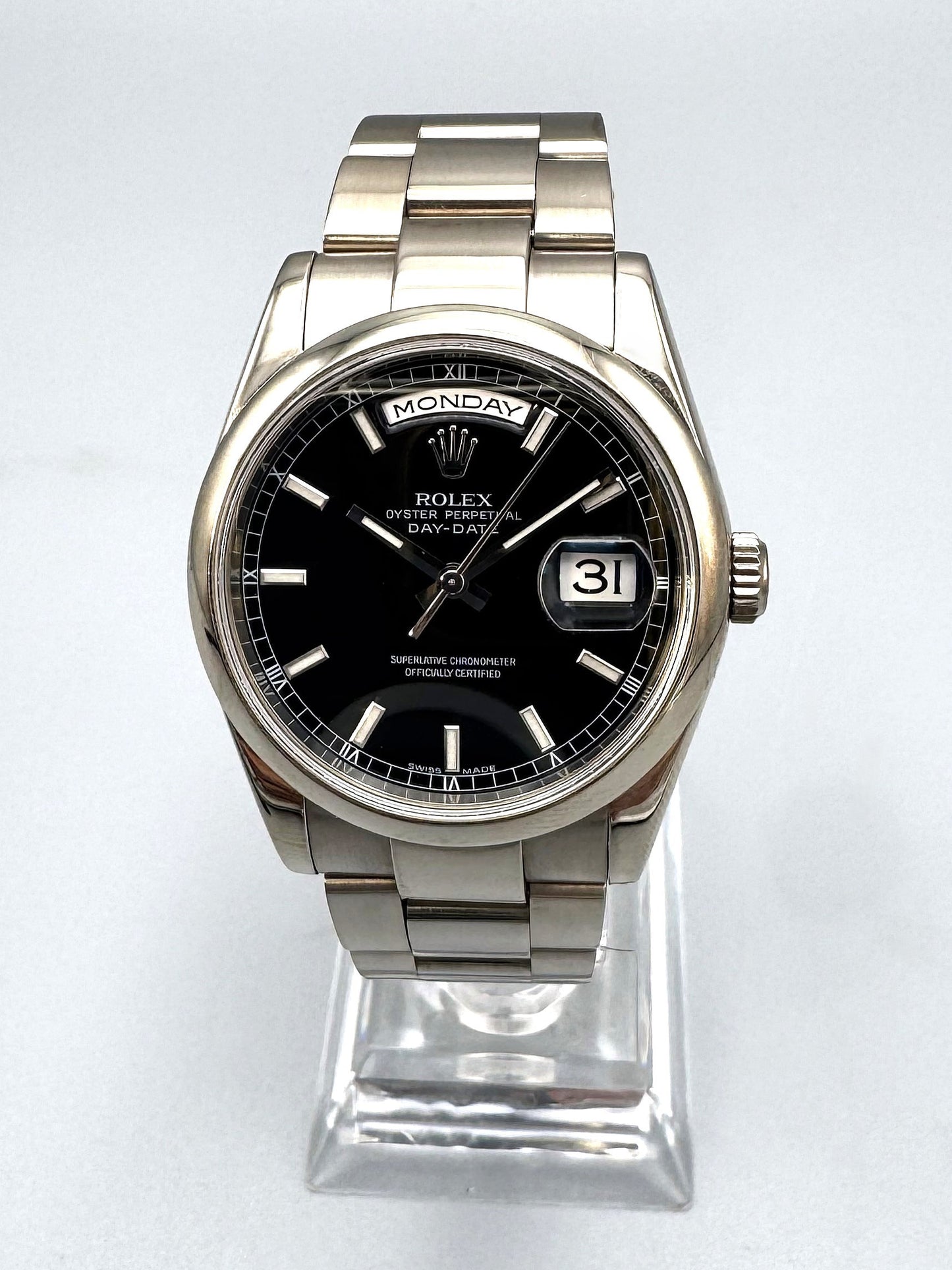 Rolex Day-Date reference 118209 White Gold, Black Dial, 36mm Full Set, Rolex Certified