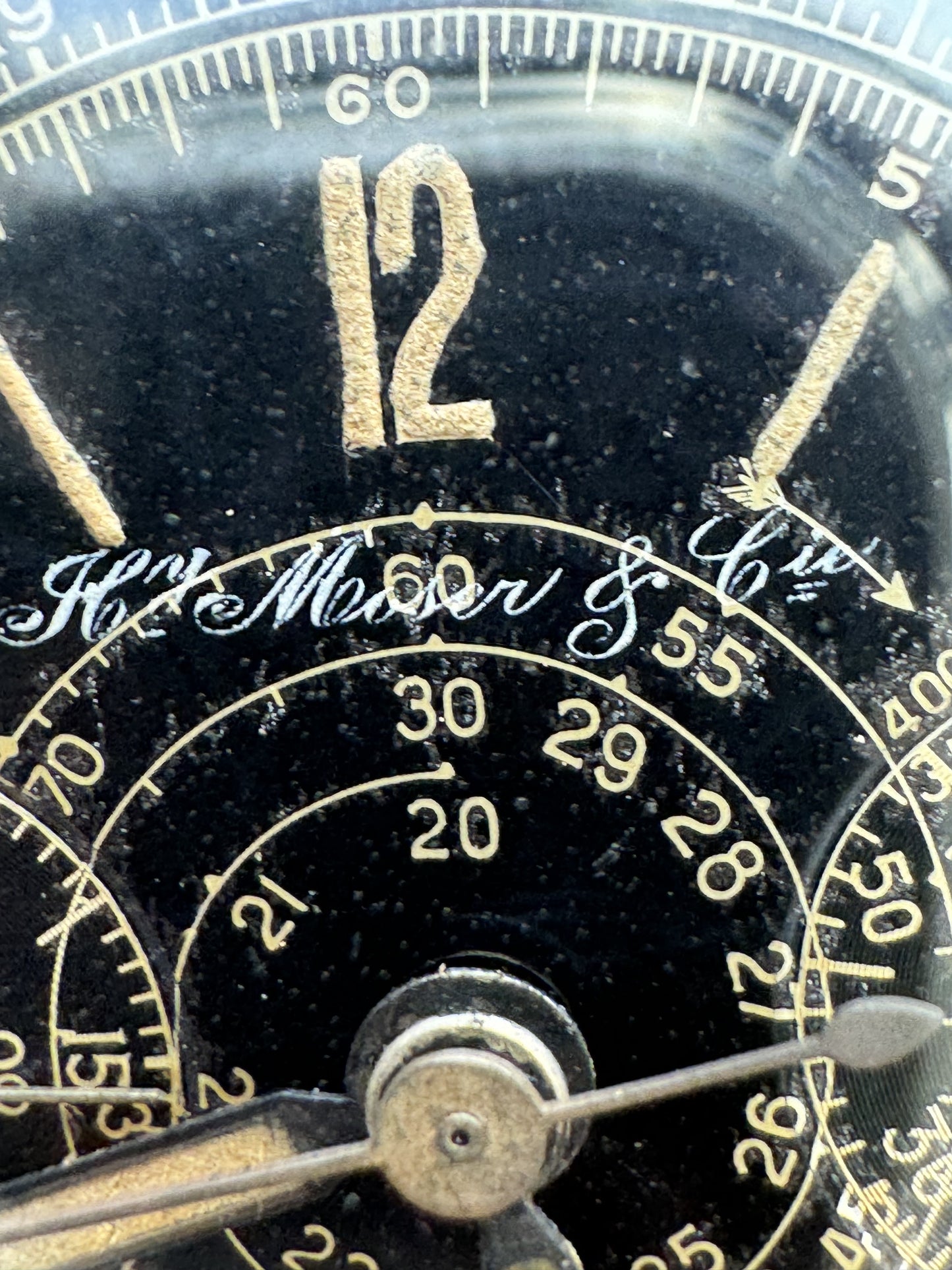 H. Moser & Cie, a very rare, oversized stainless steel chronograph, w/ black lacquer gilt printed dial, 1945