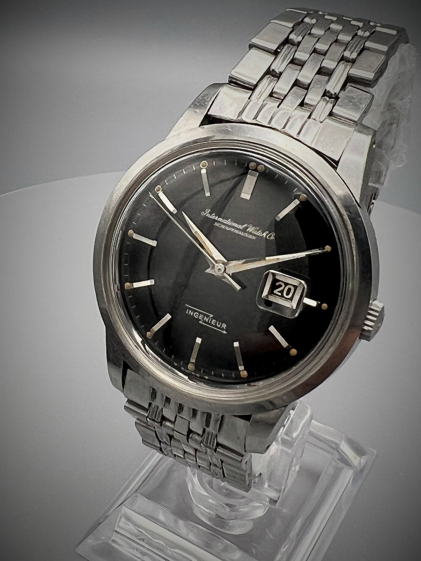 IWC Ingenieur Ref 666, rare stainless steel amagnetic watch with glossy gilt dial, blackout date, 1960