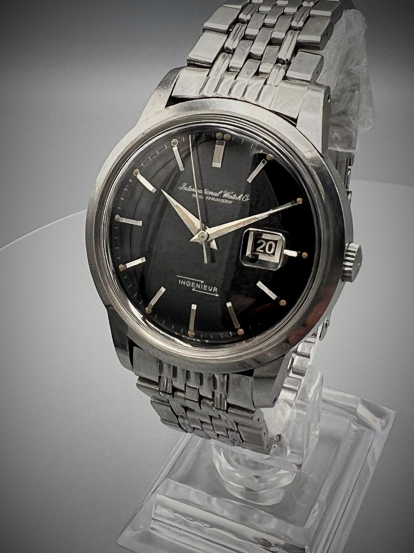 IWC Ingenieur Ref 666, rare stainless steel amagnetic watch with glossy gilt dial, blackout date, 1960