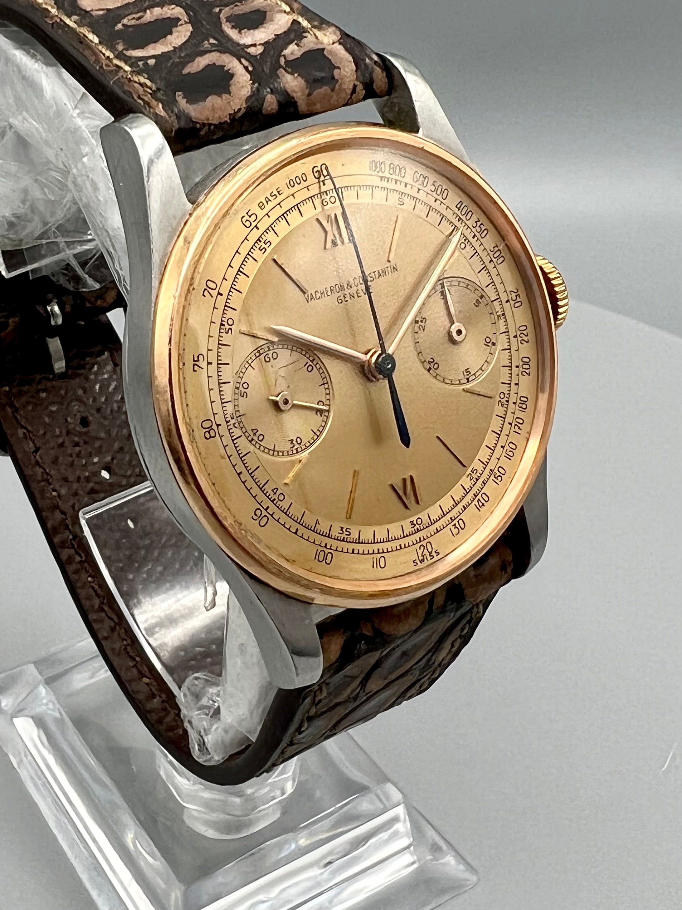 Vacheron Constantin Extremely Rare Stainless Steel and Rose Gold Chronograph with Champagne Dial circa 1945