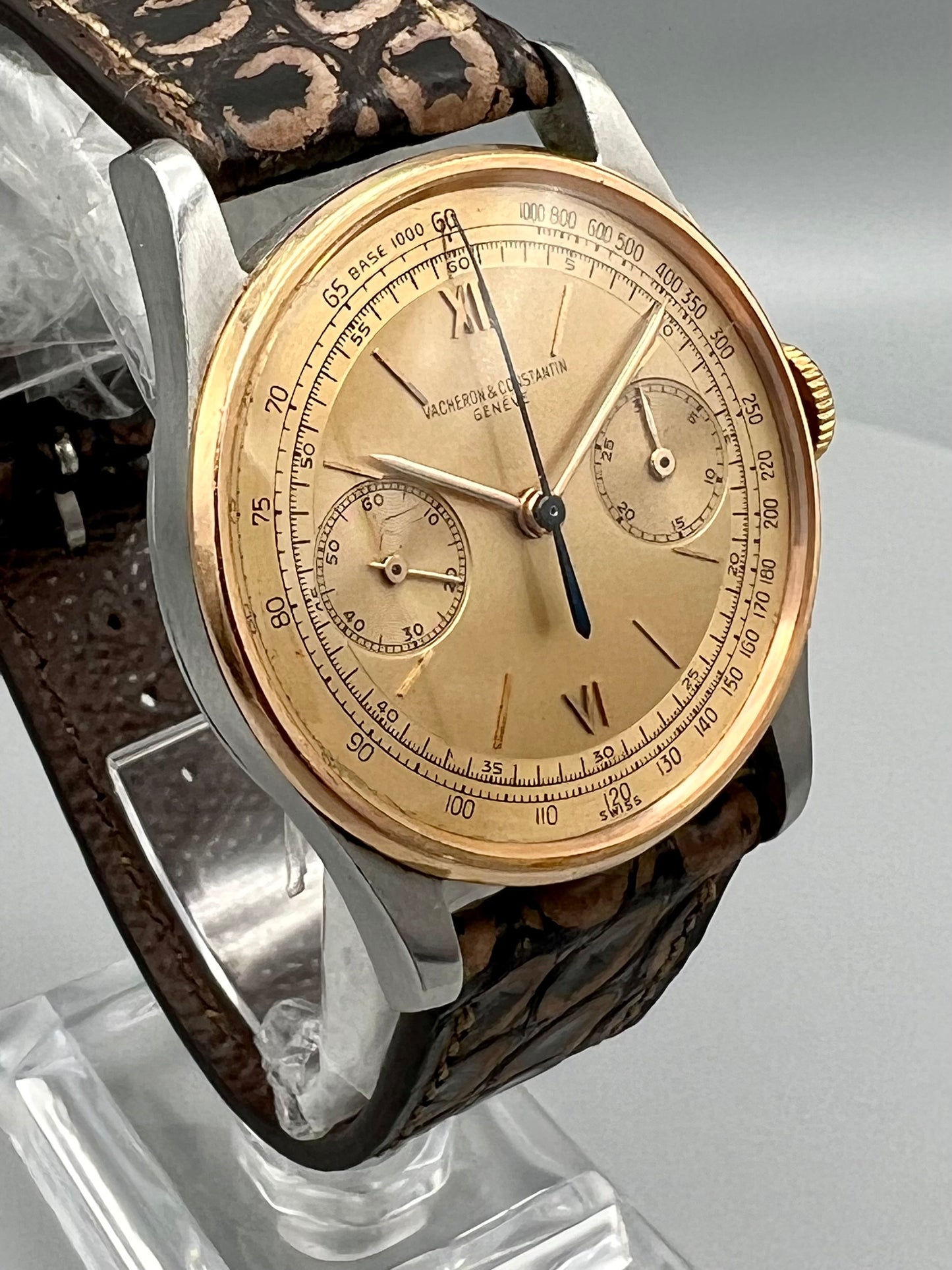 Vacheron Constantin Extremely Rare Stainless Steel and Rose Gold Chronograph with Champagne Dial circa 1945