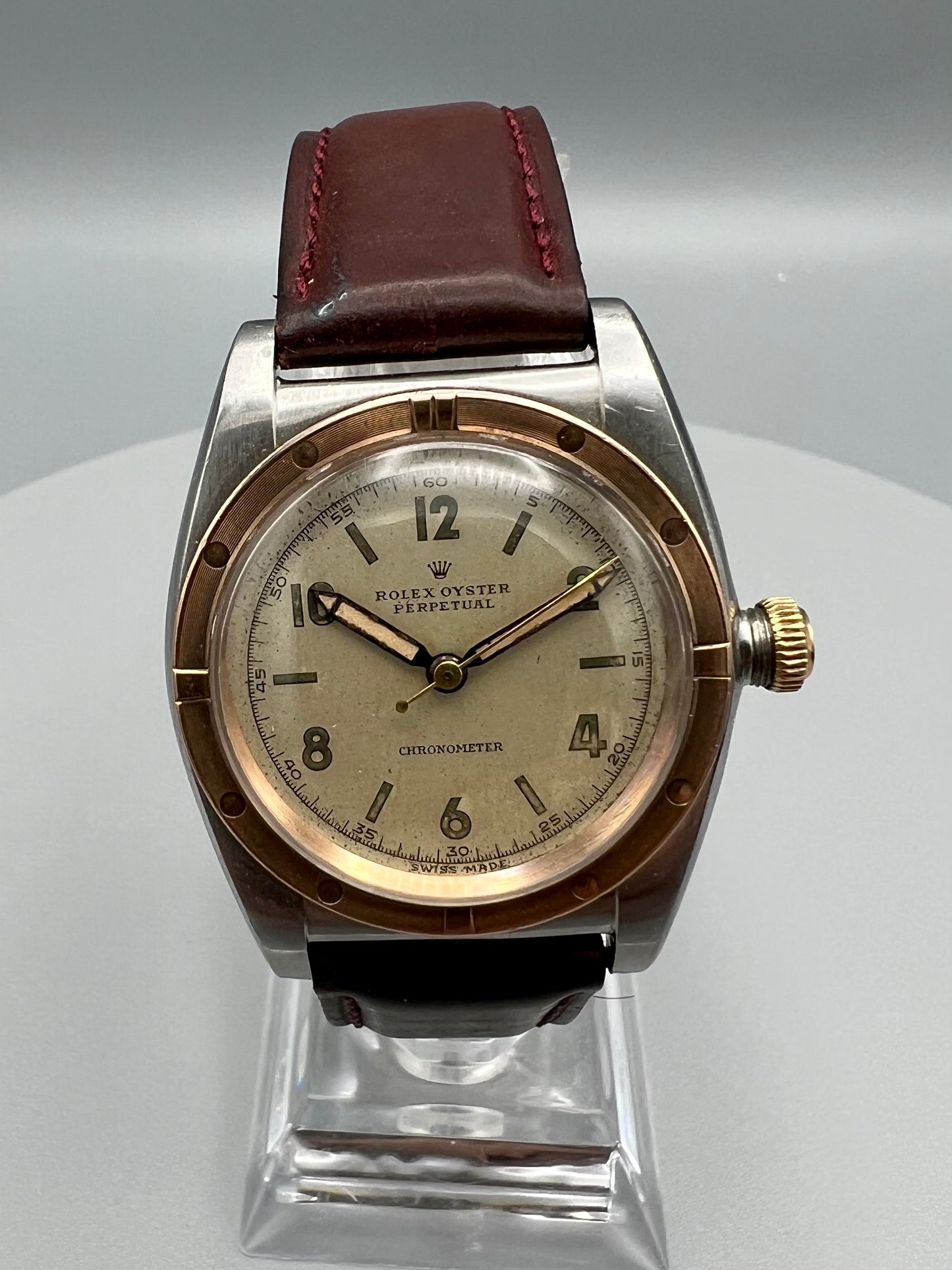 Rolex Ref 3372 Oyster Perpetual ‘Bubbleback’ Stainless Steel and Rose Gold Watch, circa 1945